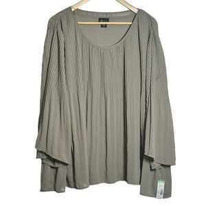 SIMPLY Emma Women's Taupe Pleated Chiffon Blouse Plus Size‎ 1X Bell Sleeve